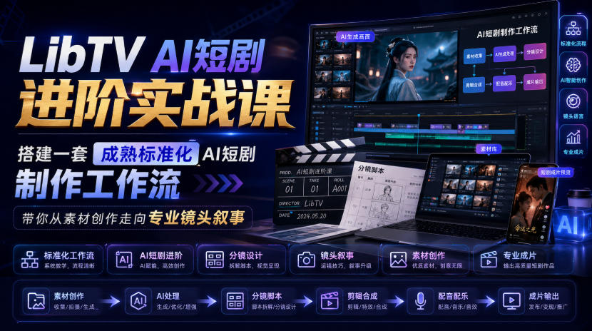 LibTV AI短剧进阶实战课，搭建一套成熟标准化AI短剧制作工作流，带你从素材创作走向专业镜头叙事(更新)-资源社