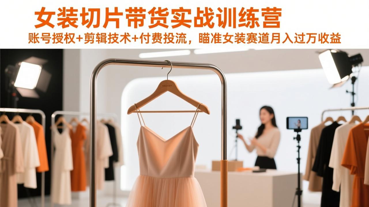 女装切片带货实战训练营，账号授权+剪辑技术+付费投流，瞄准女装赛道月入过万收益-资源社