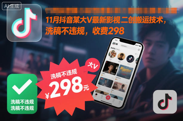 11月抖音某大V最新影视二创搬运技术,洗稿不违规,收费298-资源社
