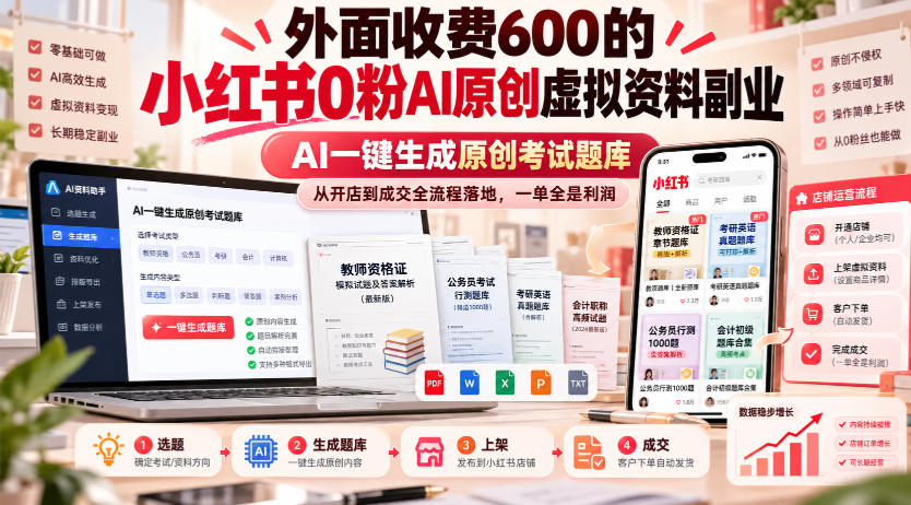 外面收费600的小红书0粉AI原创虚拟资料副业，AI一键生成原创考试题库，从开店到成交全流程落地，一单全是利润-资源社