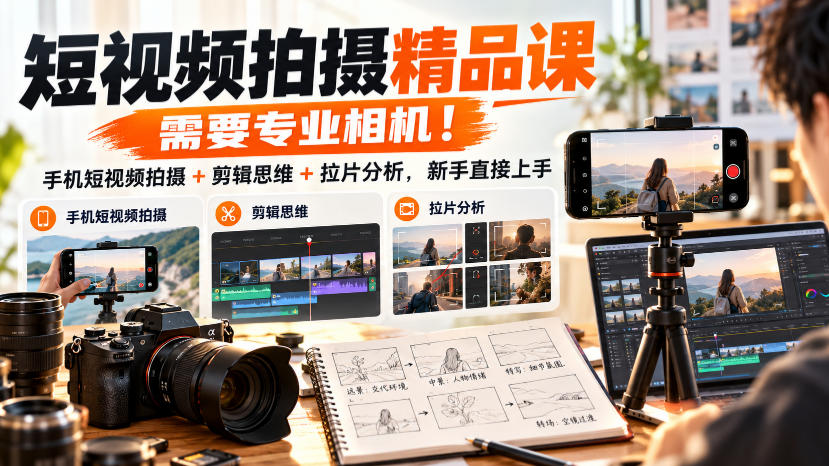 短视频拍摄精品课，需要专业相机！手机短视频拍摄+剪辑思维+拉片分析，新手直接上手-资源社