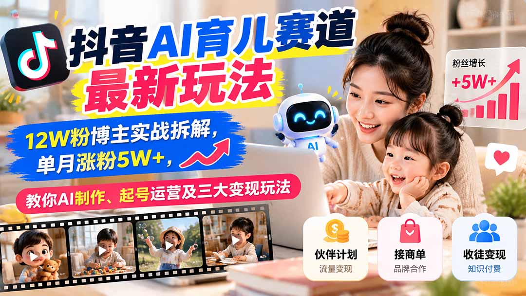 抖音AI育儿赛道最新玩法：12W粉博主实战拆解，单月涨粉5W+，教你AI制作、起号运营及三大变现玩法-资源社