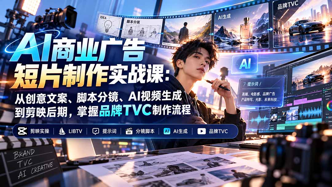 AI商业广告短片制作实战课：从创意文案、脚本分镜、AI视频生成到剪映后期，掌握品牌TVC制作流程-资源社