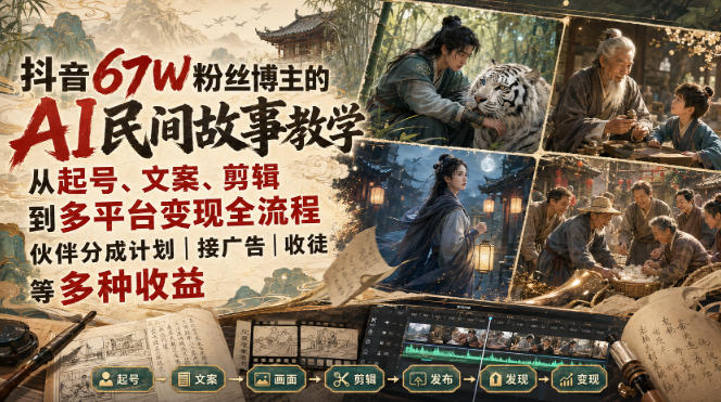 抖音67W粉丝博主的AI民间故事教学,从起号、文案、剪辑到多平台变现全流程,伙伴分成计划接广告等多种收益,月入1W+-资源社