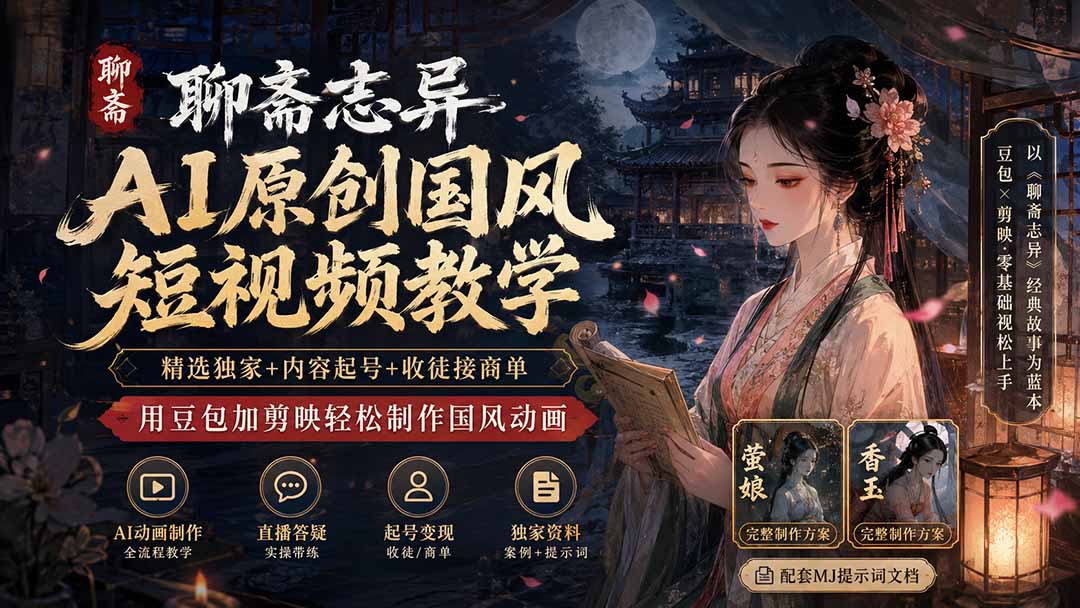 聊斋志异AI原创国风短视频教学-更新;精选独家+内容起号+收徒接商单,用豆包加剪映轻松制作国风动画-资源社