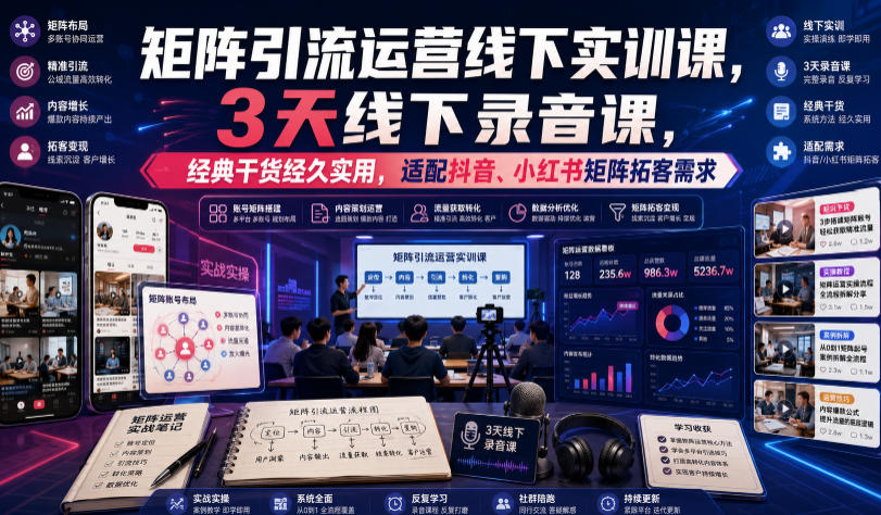 嗨推矩阵引流运营线下实训课，3天线下录音课，经典干货经久实用，适配抖音、小红书矩阵拓客需求-资源社