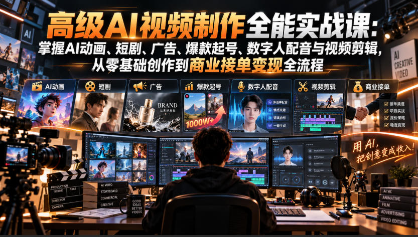 高级AI视频制作全能实战课:掌握AI动画、短剧、广告、爆款起号、数字人配音与视频剪辑,从零基础创作到商业接单变现全流程-资源社