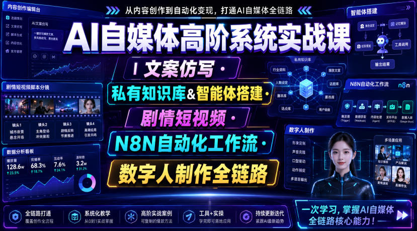 AI自媒体高阶系统实战课｜文案仿写・私有知识库&智能体搭建・剧情短视频・N8N自动化工作流・数字人制作全链路-资源社