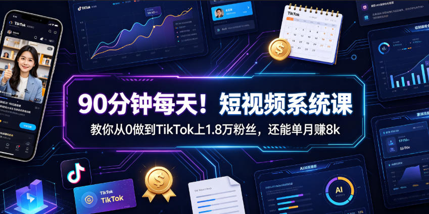90分钟每天！短视频系统课教你从0做到TikTok上1.8万粉丝，还能单月賺8k【原创双语字幕】-资源社