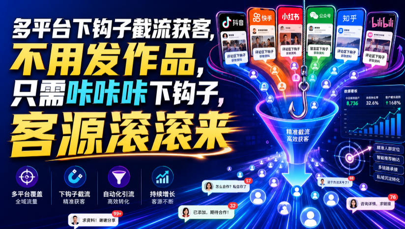 多平台下钩子截流获客,不用发作品,只需咔咔咔下钩子,客源滚滚来-资源社