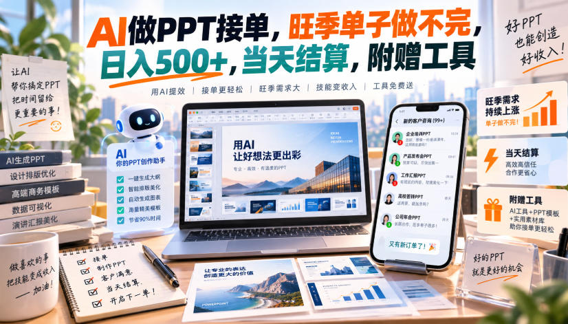 AI做PPT接单，旺季单子做不完，日入500+，当天结算，附赠工具【揭秘】-资源社