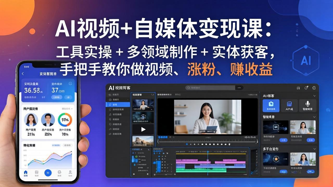 AI视频+自媒体变现课：工具实操 + 多领域制作 + 实体获客，手把手教你做视频、涨粉、赚收益-资源社