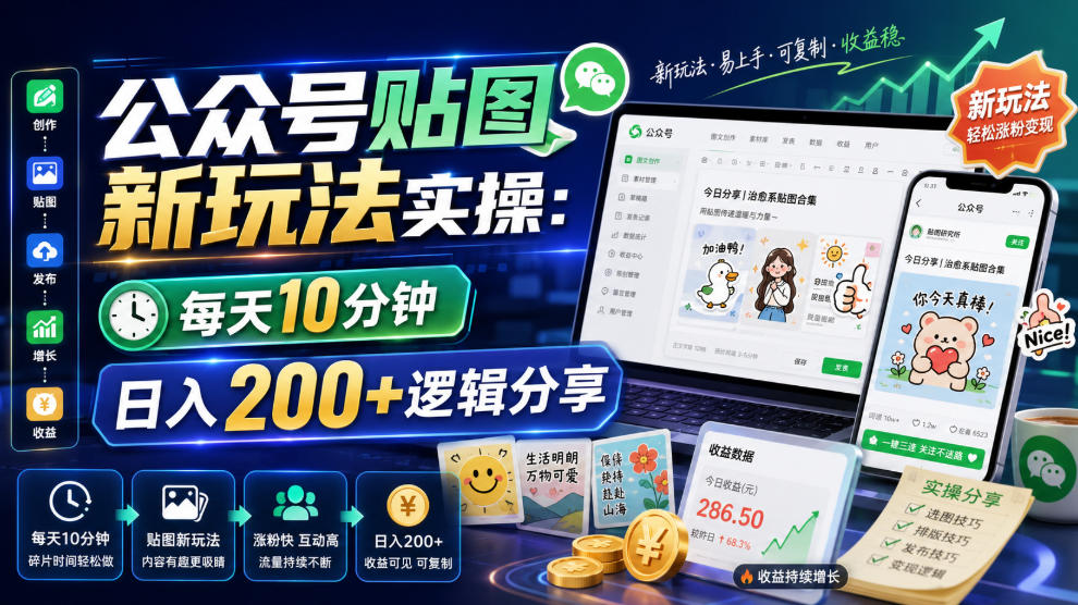公众号贴图新玩法实操，每天10分钟，日入200+逻辑分享-资源社
