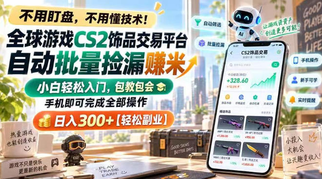 全球游戏CS2饰品交易平台自动批量捡漏賺米,小白轻松入门,包教包会,手机即可完成全部操作,日入300+【揭秘】-资源社