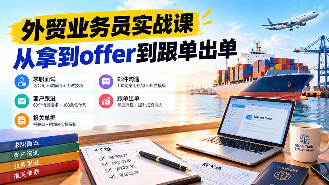 外贸业务员从求职到出单实战课：教你筛选优质公司、优化简历、应对面试、客户跟进催单及出口报关操作篇-资源社