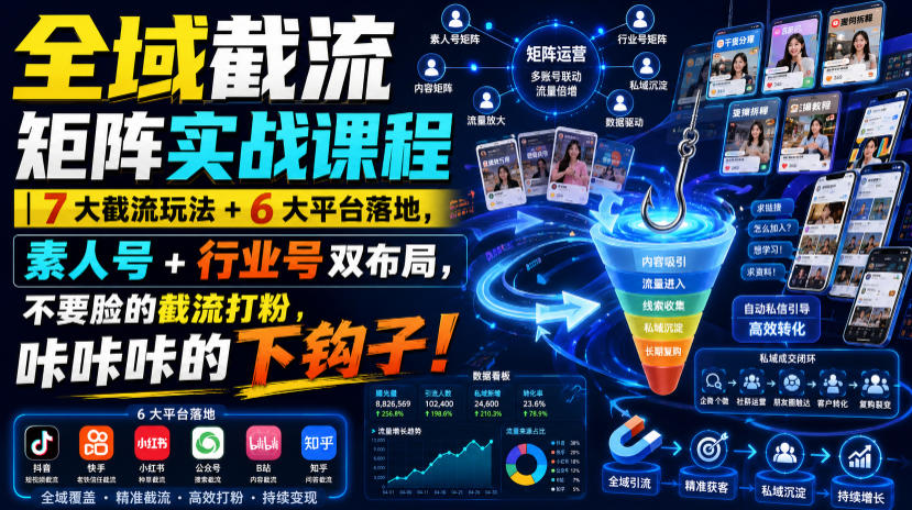 全域截流矩阵实战课程|7大截流玩法+6大平台落地,素人号+行业号双布局,不要脸的截流打粉,咔咔咔的下钩子!-资源社