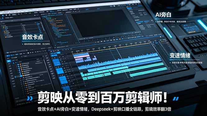剪映从零到百万剪辑师!音效卡点+AI旁白+变速情绪,Deepseek+剪映口播全链路,剪辑效率翻3倍-资源社