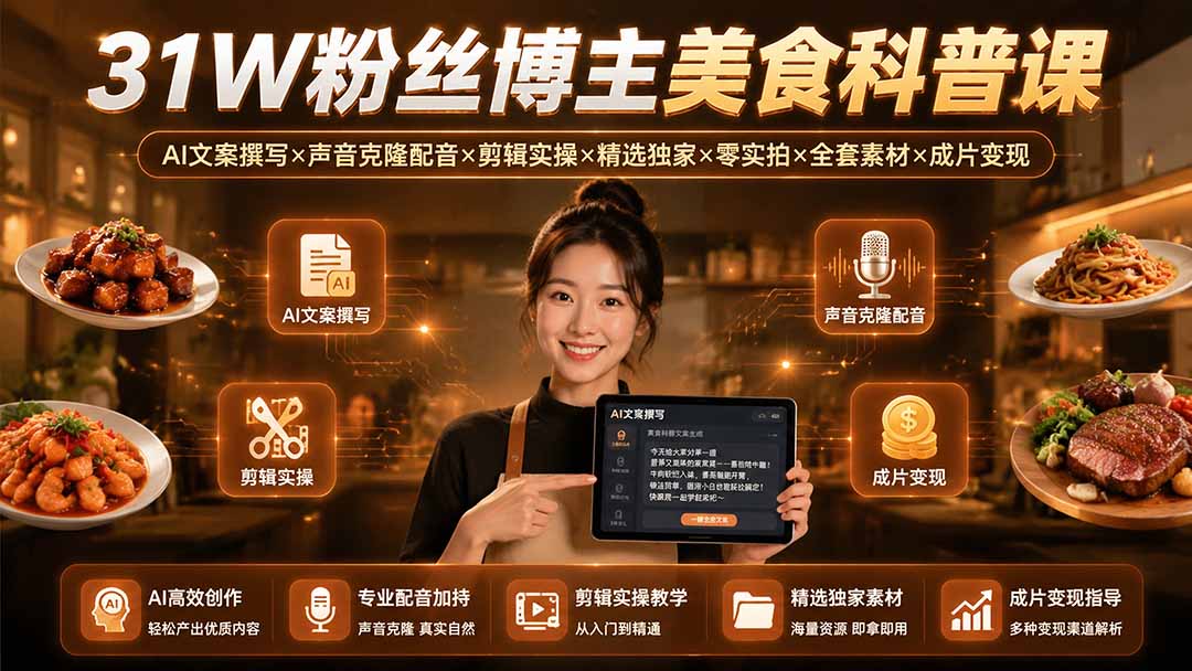 31W粉丝博主美食科普课：AI文案撰写×声音克隆配音×剪辑实操×精选独家×零实拍×全套素材×成片变现-资源社