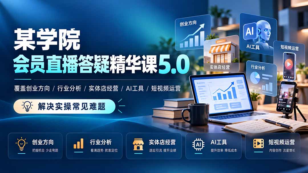 某学院会员直播答疑精华课5.0：覆盖创业方向、行业分析、实体店经营、AI工具和短视频运营，解决实操常见难题！-资源社
