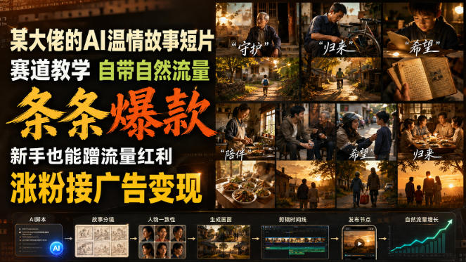某大佬的AI温情故事短片赛道教学,自带自然流量,条条爆款,新手也能蹭流量红利,涨粉接广告变现-资源社