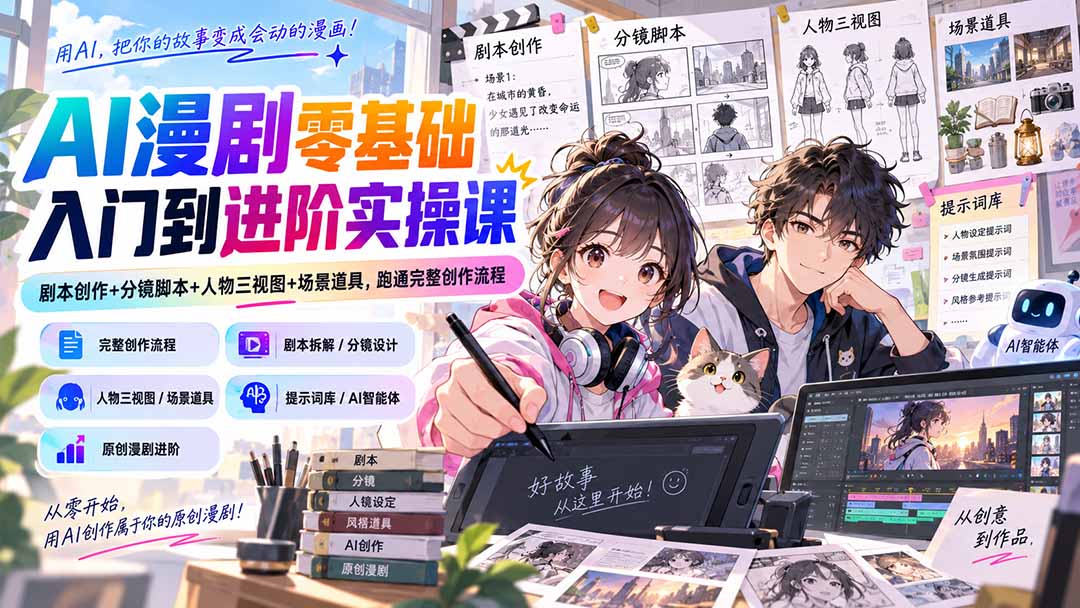 AI漫剧零基础入门到进阶实操课：剧本创作+分镜脚本+人物三视图+场景道具，跑通完整创作流程-资源社