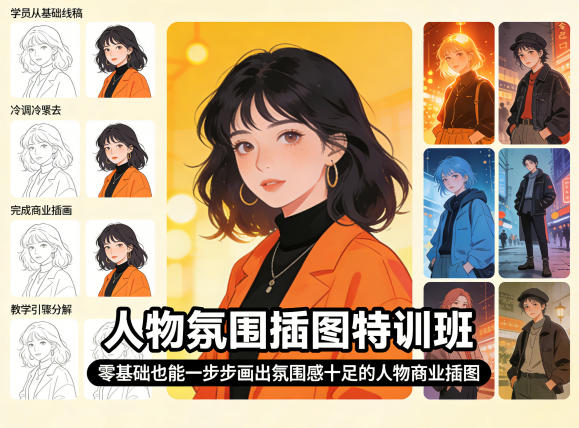 人物氛围插图特训班，零基础也能一步步画出氛围感十足的人物商业插图-资源社