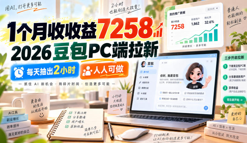 1个月收收益7258，2026豆包PC端拉新，每天抽出2小时，人人可做-资源社