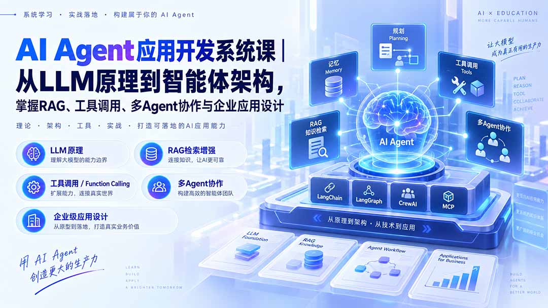 AI Agent应用开发系统课-179节|从LLM原理到智能体架构,掌握RAG、工具调用、多Agent协作与企业应用设计-资源社