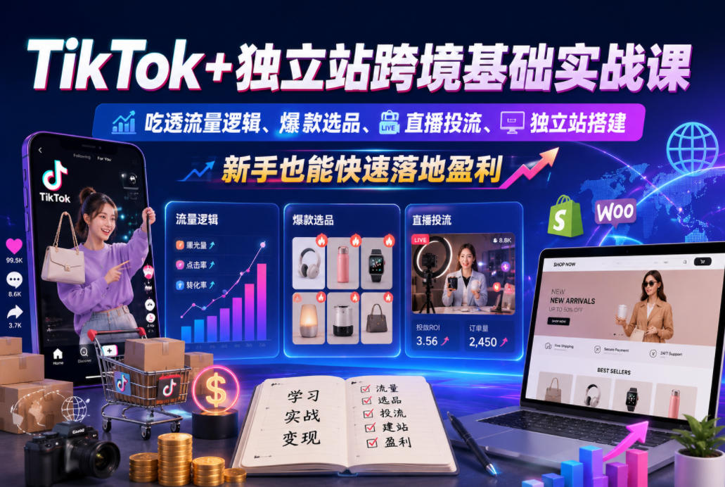 TikTok+独立站跨境基础实战课,吃透流量逻辑、爆款选品、直播投流与独立站搭建,新手也能快速落地盈利-资源社