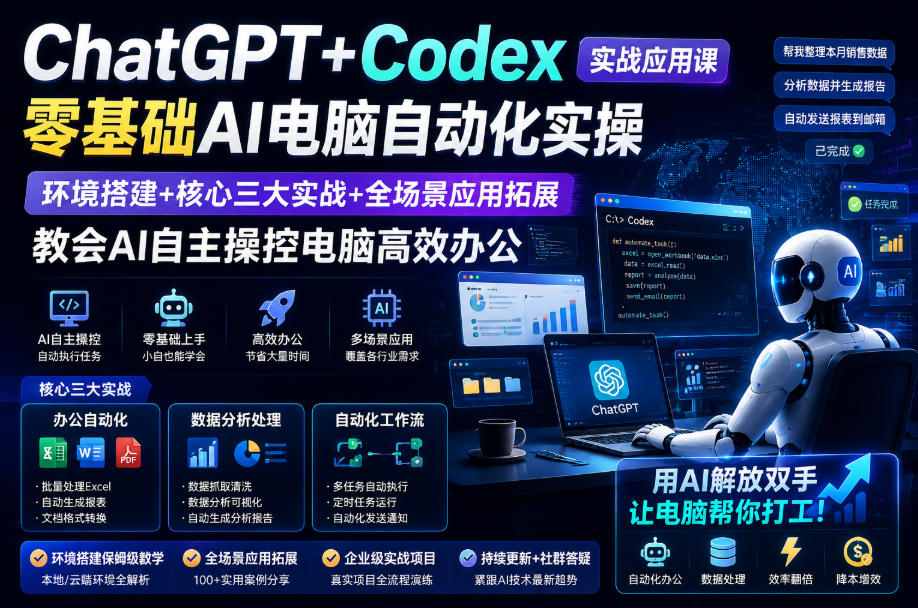 ChatGPT+Codex实战应用课｜零基础AI电脑自动化实操，环境搭建+核心三大实战+全场景应用拓展，教会AI自主操控电脑高效办公-资源社