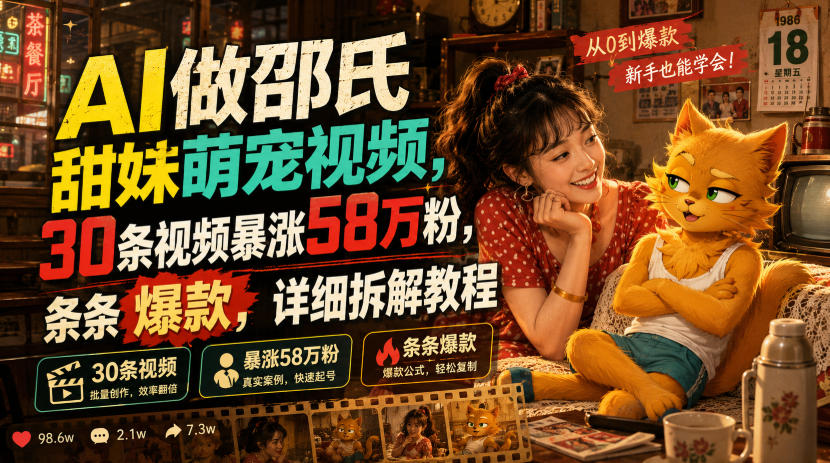 AI做邵氏甜妹萌宠视频，30条视频暴涨58万粉，条条爆款，详细拆解教程-资源社