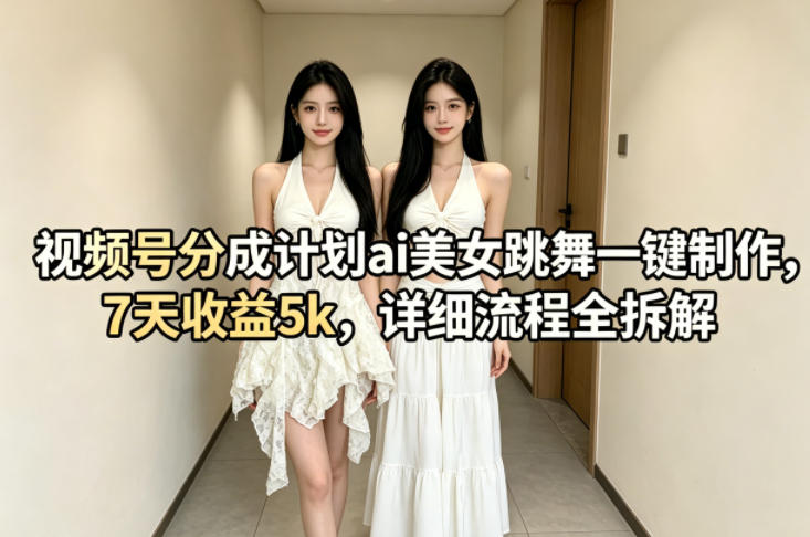 视频号分成计划ai美女跳舞一键制作，7天收益5k，详细流程全拆解-资源社