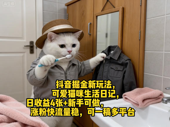 抖音掘金新玩法，可爱猫咪生活日记，日收益4张+新手可做，涨粉快流量稳，可一稿多平台-资源社