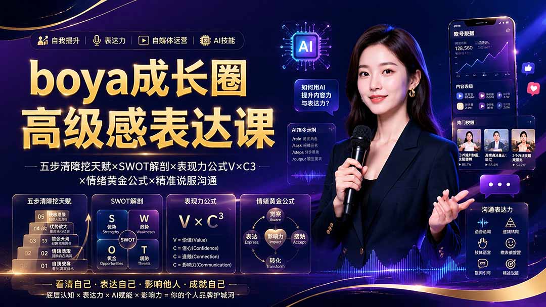 boya成长圈｜内心成长高级表达AI自媒体三合一，消解内耗挖掘天赋，镜头沟通AI指令短视频全流程教学-资源社