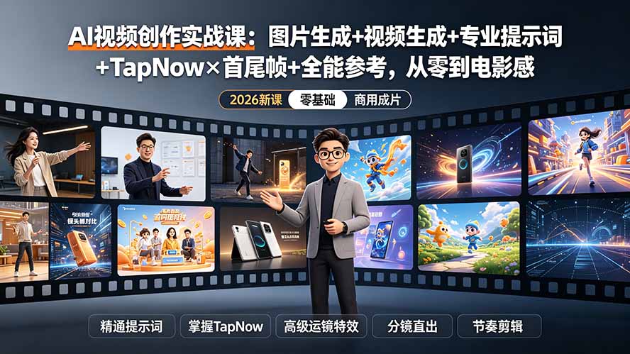 AI视频创作实战课：图片生成+视频生成+专业提示词+TapNow×首尾帧+全能参考，从零到电影感成片-资源社