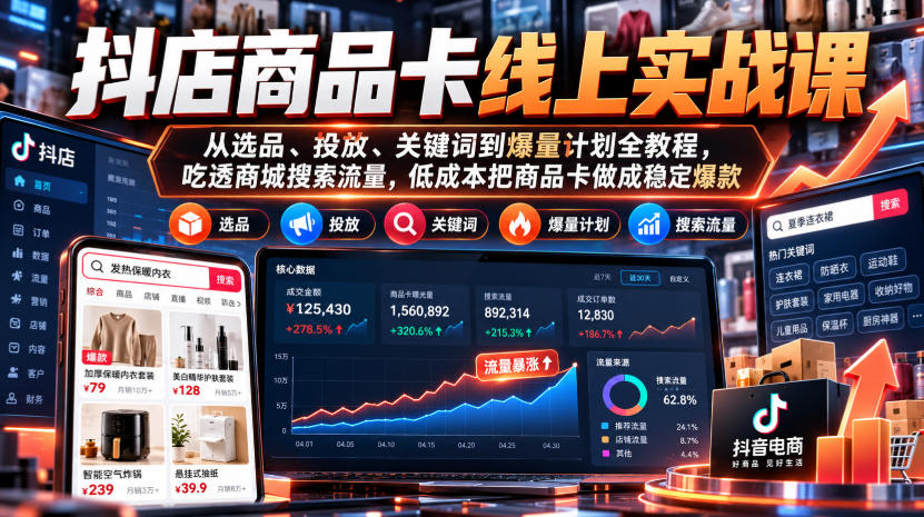 抖店商品卡线上实战课|从选品、投放、关键词到爆量计划全教程,吃透商城搜索流量,低成本把商品卡做成稳定爆款-资源社
