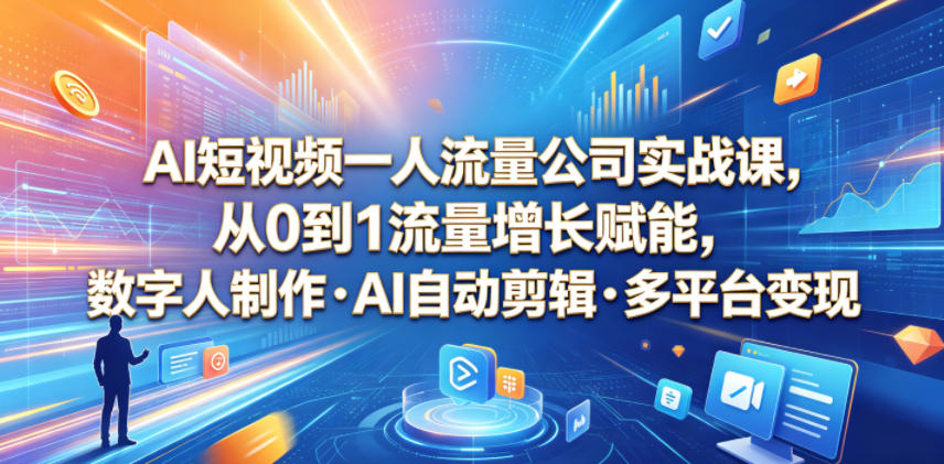 AI短视频一人流量公司实战课，从0到1流量增长赋能，数字人制作・AI自动剪辑・多平台变现，一人做流量生意全落地教程-资源社