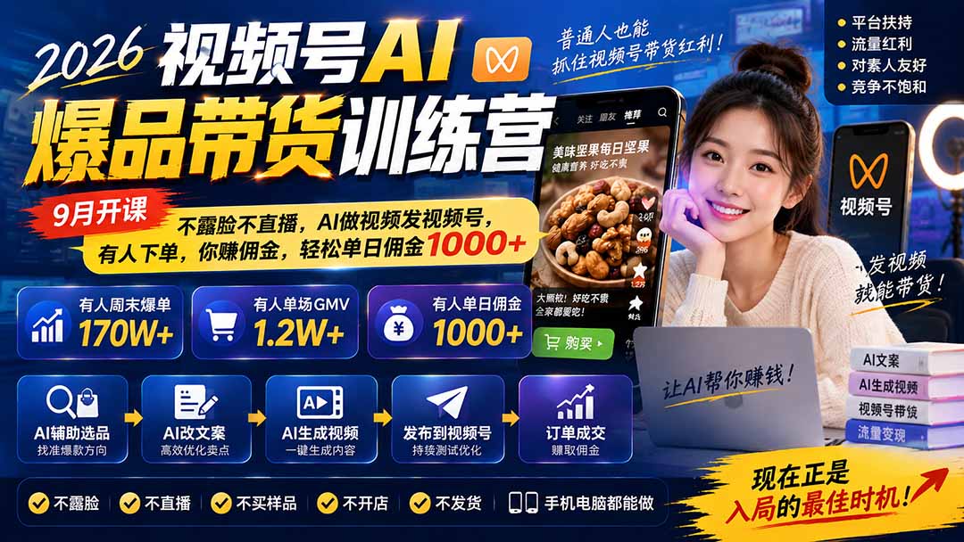 2026视频号AI爆品带货训练营-9月开课｜不露脸不直播，AI做视频发视频号，有人下单，你赚佣金，轻松单日佣金1000+-资源社