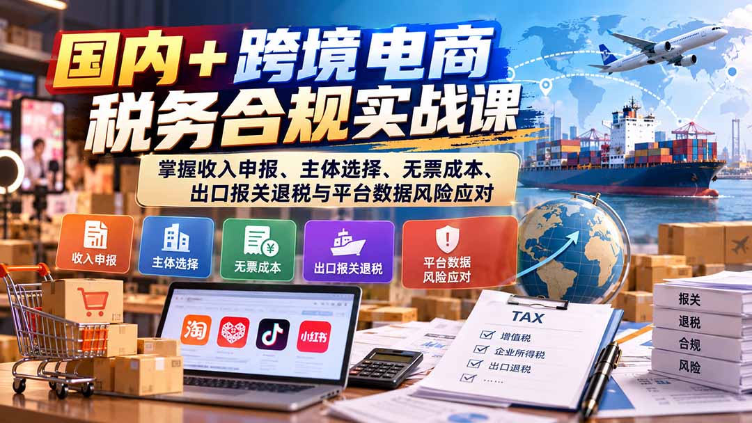 国内+跨境电商税务合规实战课：掌握收入申报、主体选择、无票成本、出口报关退税与平台数据风险应对-资源社