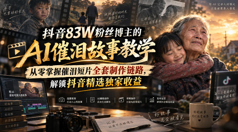 抖音83W粉丝博主的AI催泪故事教学,从零掌握催泪短片全套制作链路,解锁抖音精选独家收益-资源社