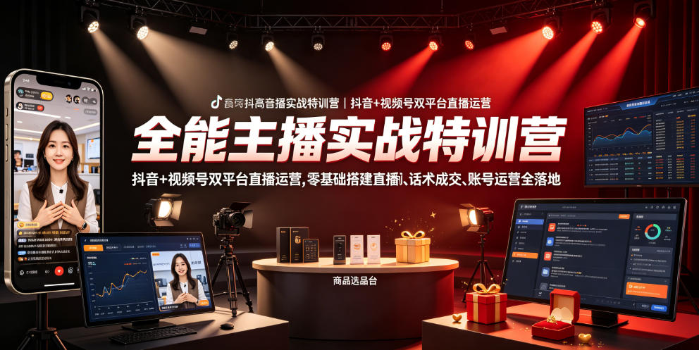 全能主播实战特训营|抖音+视频号双平台直播运营,零基础搭建直播间、精准选品、话术成交、账号运营全落地-资源社