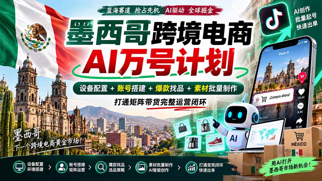 墨西哥AI跨境电商万号计划｜设备配置+账号搭建+爆款找品+素材批量制作，打通矩阵带货完整运营闭环-资源社