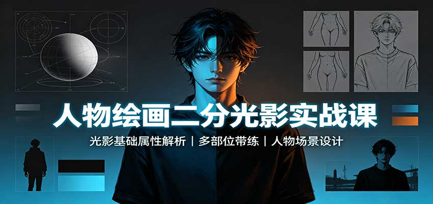 人物绘画二分光影实战课：光影基础属性解析，多部位带练，人物场景设计-资源社