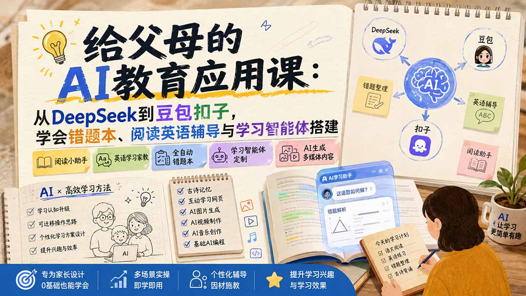 给父母的AI教育应用课：从DeepSeek到豆包扣子，学会错题本、阅读英语辅导与学习智能体搭建-资源社