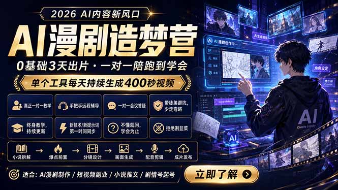 AI漫剧造梦营:0基础3天出片,单个工具每天持续生成400秒视频-资源社