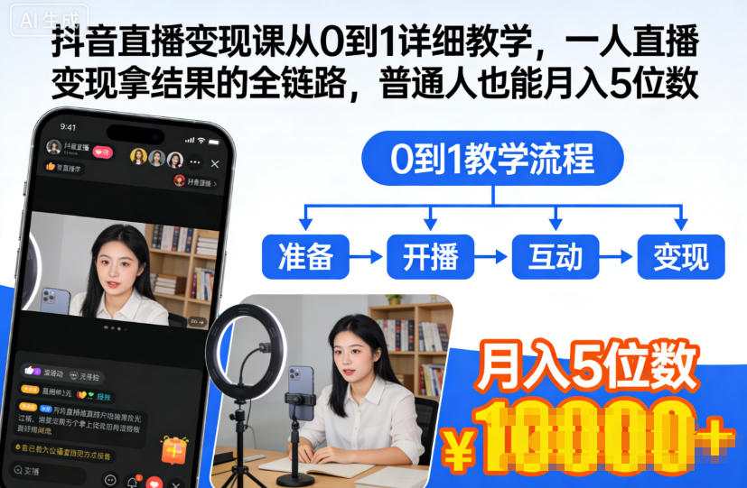 抖音直播变现课从0到1详细教学，一人直播变现拿结果的全链路，普通人也能月入5位数-资源社