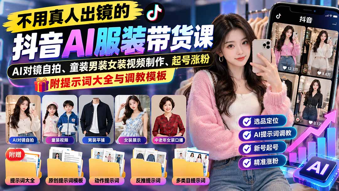 不用真人出镜的抖音AI服装带货课:AI对镜自拍、童装男装女装视频制作、起号涨粉,附提示词大全与调教模板-资源社