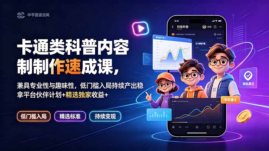 卡通类科普内容制作速成课，兼具专业性与趣味性，低门槛入局持续产出稳拿平台伙伴计划+精选独家收益-资源社