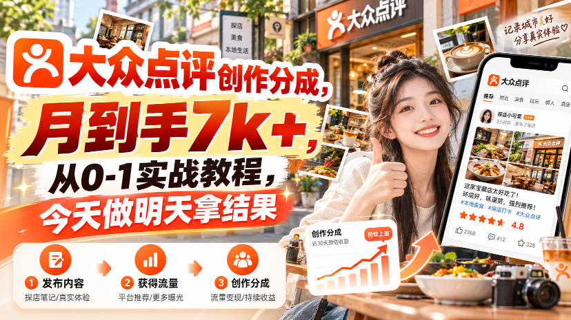 大众点评创作分成，月到手7k+，从0-1实战教程，今天做明天拿结果-资源社