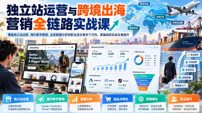 独立站运营与跨境出海营销全链路实战课,覆盖独立站运营、海外数字营销、业务数据分析和职业成长等多个方向,零基础到实战全面提升-资源社